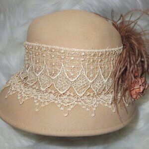 Elsie Massey Cloche Hat w/Exquisite Lace, Floral & Feather Trim - Neutral Colors
